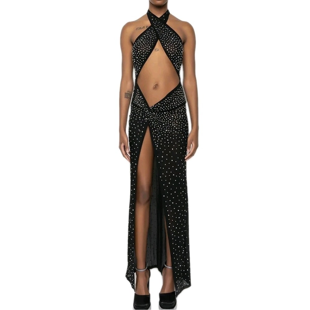 AKIRA Talk About It High Slit Rhinestone Mesh Maxi‎ Dress XS Black Sheer Nwot